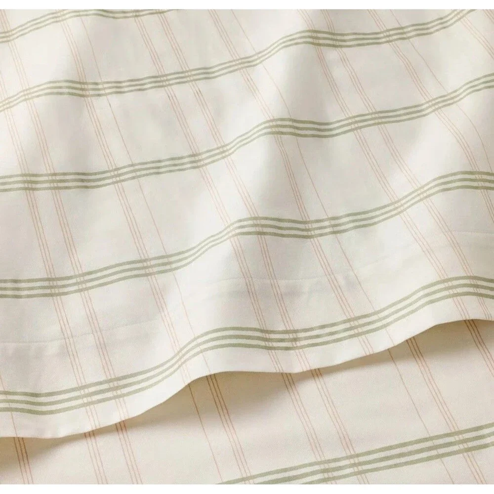Queen 300 Thread Count Scalloped Edge Plaid Sheet Set Cream/Green -Threshold NEW